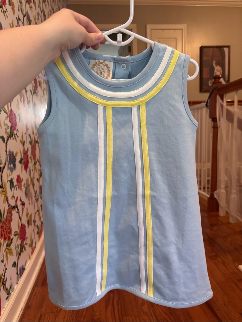 The Beaufort Bonnet Company Light Blue Sleeveless Dress with Yellow & White Trim